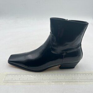 Black Square Toe Booties Low Chunky Block Heels Side Zipper Formal Ankle Boots